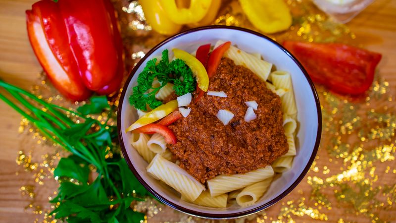 Rigatoni bolognese with slow-cooked meat sauce